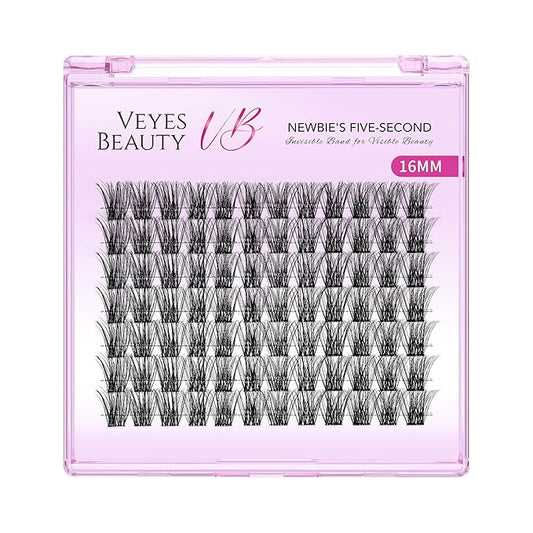VEYESBEAUTY Lash Clusters Individual Eyelash Extensions Thin & Invisible Band DIY False Eyelashes for Self-application Newbie's Five-Second Series Wispy Lash Tray, Bomb 16mm Single Length