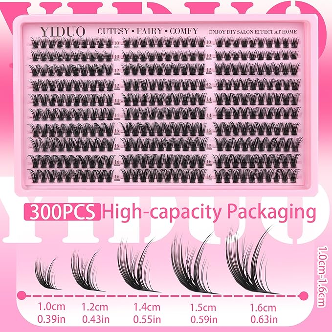 YIDUO Natural Wispy Eyelash Clusters Lashes Clusters Kit 10-16mm DIY Lashes Extension Kit 300pcs C Curl Individual Lashes Cluster with Lash Bond and Seal|Removers|Tweezers