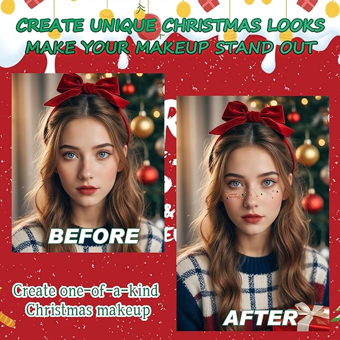 8 Pcs Christmas Face Temporary Tattoos, Ren Green and White Glitter Freckles Face Tattoo for Kids and Women, Waterproof Christmas Accessories Face Makeup for Party Supplies