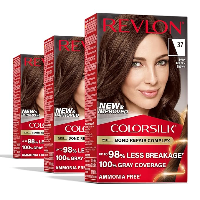 Revlon ColorSilk with Bond Repair Complex, Brown Permanent Hair Color, 100% Gray Coverage, Ammonia Free Hair Dye, Vegan Keratin, 37 Dark Golden Brown (Pack of 3)