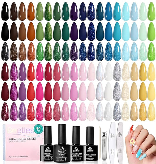 Beetles Gel Nail Polish Set - 44 PCS Brown Nude Burgundy Gel Polish Nails Fairytale Town Collection with 4Pcs Base Glitter Matte Glossy Top Coat Soak off Uv Gel DIY Manicure