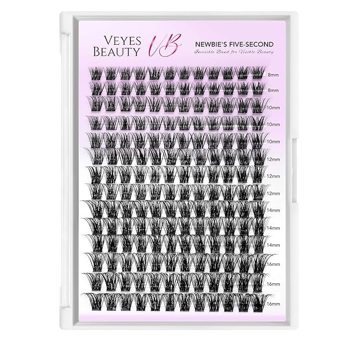 VEYESBEAUTY Lash Clusters Individual Eyelash Extensions Thin & Invisible Band DIY False Eyelashes for Self-application Newbie's Five-Second Series Wispy Lash Tray, Bomb 8-16mm Mixed Length