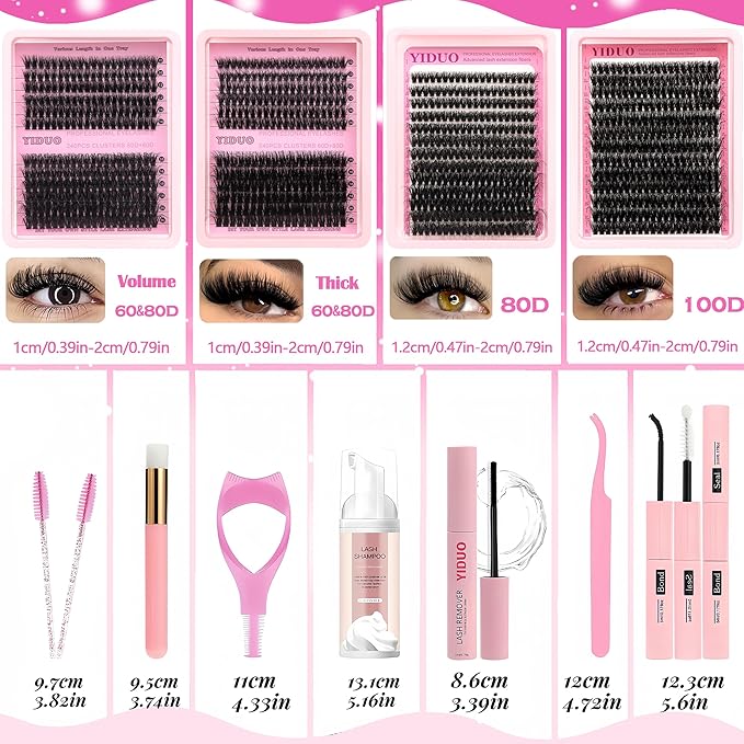 YIDUO 994Pcs Lashes Clusters Kit 60D/80D/100D Volume False Eyelash Extensions 10-20mm D Curl Wispy Individual Fake Eyelashes Kit, Volume Studio Effect with Bond&Seal|Tweezers|Removers|Cleanser