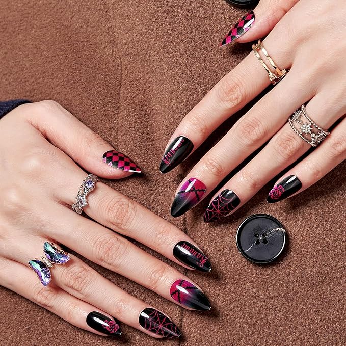 GLAMERMAID Halloween Red Press on Nails Medium Almond, Dark Glossy Jelly Soft Gel Glue on Nails Stiletto, Emo Fake Nails Short Oval, Reusable Acrylic Stick on False Nails Kit for Women