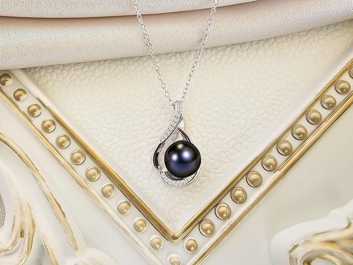 PEARLURA AAA+ 9mm Natural Black pearl necklace for women - Real pearl necklaces for women (18k gold platted 925 sterling Silver)- Wedding anniversary's gift for wife - Luxury birthday gifts for woman - Birthday gift for wife