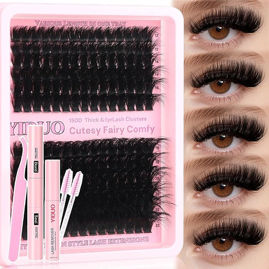 YIDUO Lashes Clusters Kit 150D 12-22MM D Curl Volume Wispy EyeLash Extensions Kit 180pcs Thick Individual DIY false eyelashes Extension with Bond and Seal |Tweezers |Removers |Eyelash Brush