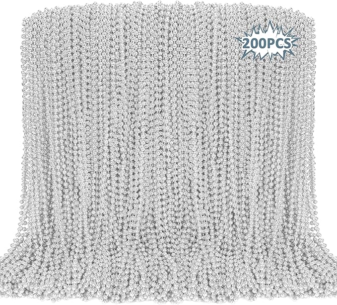 EOBOH 200PCS Bead Necklace, Silver Christmas Bead Stuff Party Favors, 33" Xmas Necklaces Women and Men, Festival Events Parade Throw Accessories for Wedding Birthday Celebrations Decorations