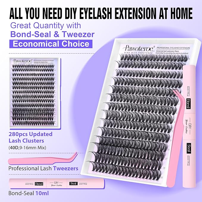 Pawotence Lash Clusters Kit 40D Individual Lashes Extension Kit DIY 280pcs 9-16mm Cluster Eyelash Extension Kit with Lash Bond and Seal, Lash Tweezers for Self Use (40D, 0.07D, 9-16mm, Kit)