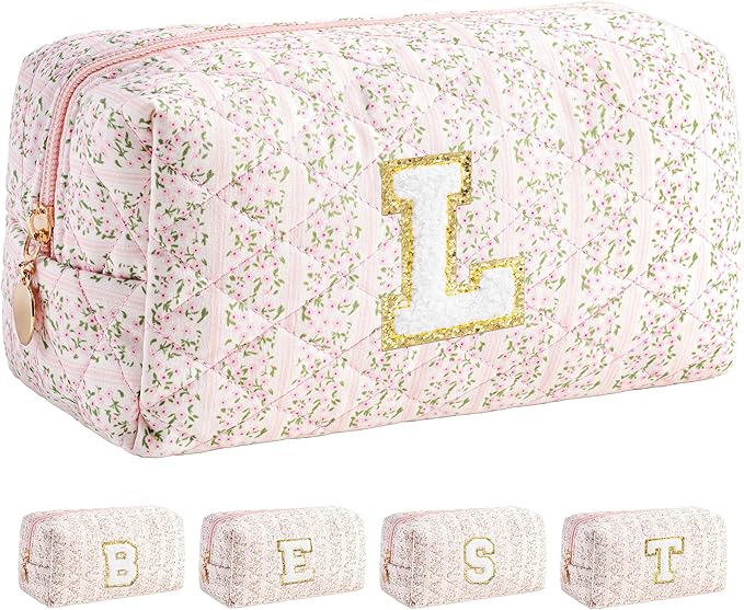 HBselect Initial Makeup Bag for Women, Pink Cosmetic Travel Toiletry Bag, Flowers Zipper Make Up Pouch Organizer Teen Girl Gifts Trendy Stuff L