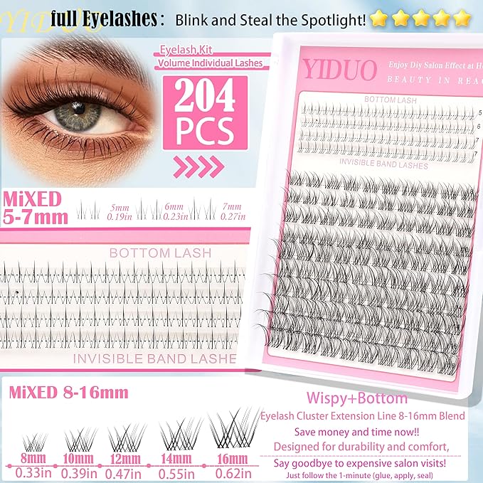YIDUO Fairy Manga lashes Clusters with Bottom Lashes Clusters Kit Gift Packs 604Pcs 5-16mm Soft Extension False Eyelash D Curl Wispy Natural Wet-Look Lashes Extensions Combo Pack with Glue Removers