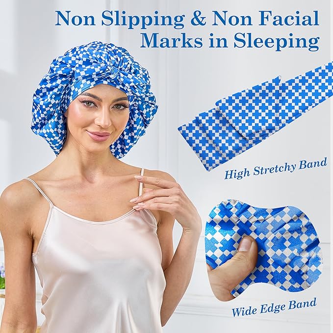 Silk Satin Bonnet for Sleeping Hair: Women Sleep Night Wrap Cap for Straight Wavy Curly Coily Kinky Natural Hair Head by Tie Band - Blue & White Checkered + Pink