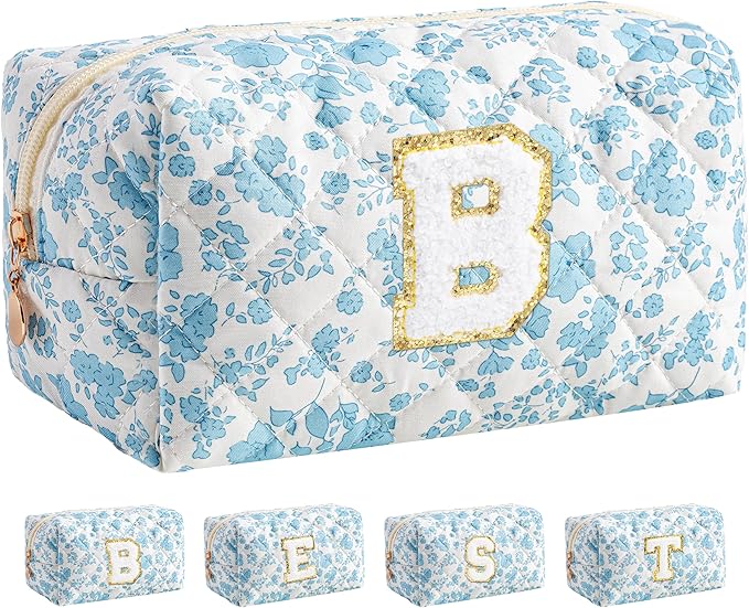 HBselect Initial Makeup Bag for Women, Quilted Cosmetic Travel Toiletry Bag, Flowers Zipper Make Up Pouch Organizer Teen Girl Gifts Trendy Stuff B