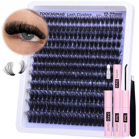 TOOCHUNAG Lash Extension Kit 12-22mm Fluff Cluster Eyelash Extension Kit 100D Thick Volume Lash Clusters Kit D Curly Wispy Cluster Lashes Individual with Lash Bond and Seal and Tweezers