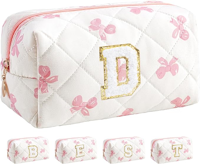 HBselect Initial Makeup Bag for Women, Pink Cosmetic Travel Toiletry Bag, Flowers Zipper Make Up Pouch Organizer Teen Girl Gifts Trendy Stuff D