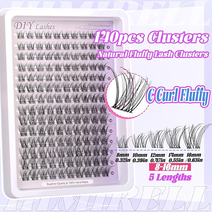 Wispy Natural Lash Clusters Kit Natural Lash Invisible Lash Band Cluster Eyelash Extensions Kit 8-16mm Individual Lashes Extension DIY D Curl Eyelash with Waterproof Clear Lash Band Clusters