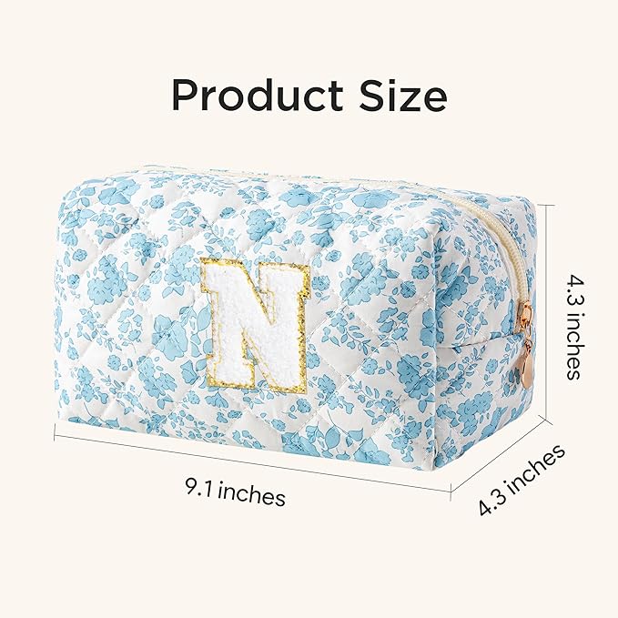 HBselect Initial Makeup Bag for Women, Quilted Cosmetic Travel Toiletry Bag, Flowers Zipper Make Up Pouch Organizer Teen Girl Gifts Trendy Stuff N