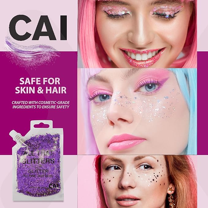 Face, Body & Hair Glitter Gel – Halloween Glitter for Kids and Women – 3 Oz Cosmetic-Grade Gel w/Moon & Stars for Festivals & Halloween Party, Easy Apply & Wash Off - Violet 2Pack