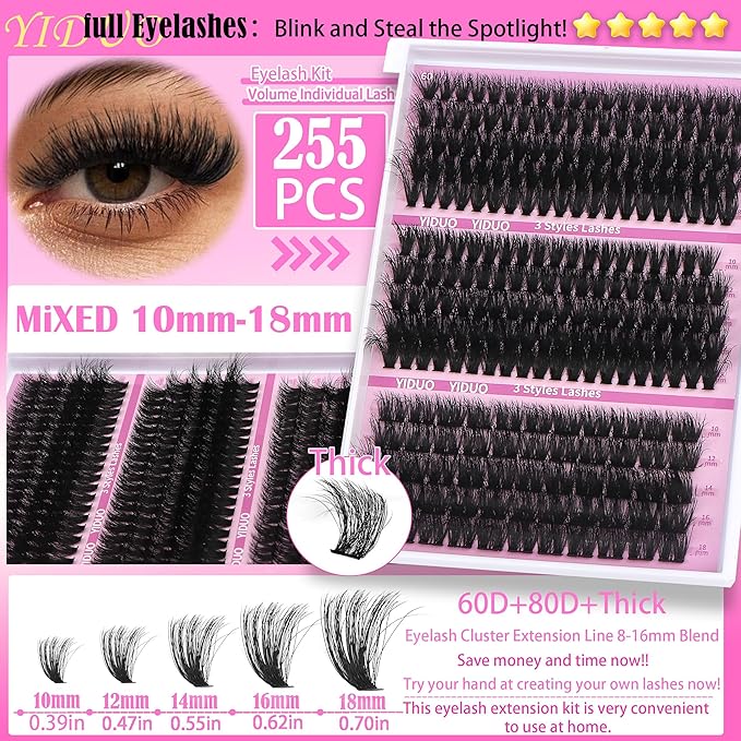 YlDUO Lashes Clusters Kit 7 style Mix Clusters Eyelashes Extensions 835Pcs C-Curl Volume Lashes Clusters Kit 9-18mm Wispy DIY Individual Fake Eyelash Extensions Kit DIY at Home Easily
