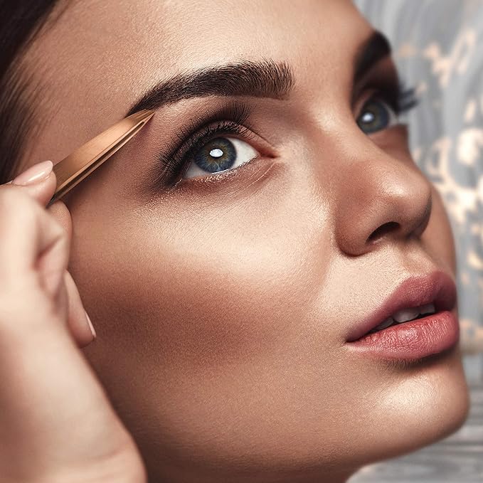 By MILLY Professional Slanted Tweezers for Women and Men | High Carbon Stainless Steel Sharp Tweezer | Tweezers for Women Facial Hair Plucking, Hand-Filed & Aligned Precision Tips - Rose Gold