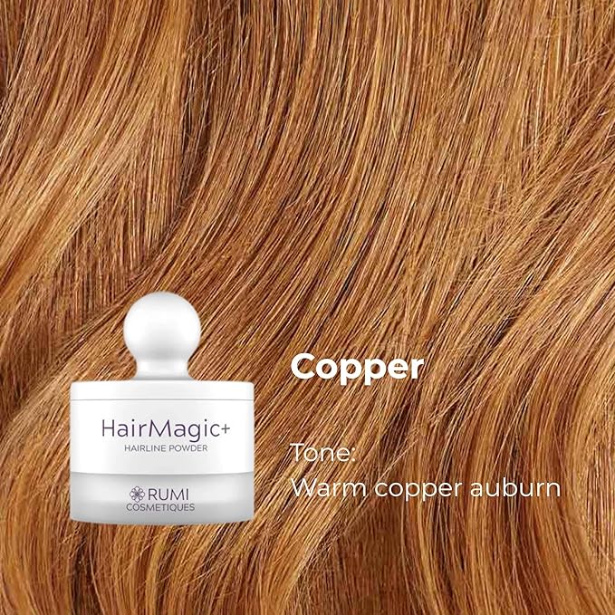 Rumi Cosmetiques HairMagic+ Root Touch Up Powder for Mature Women – Instant Gray Hair Coverage & Hairline Filler – Water-Resistant, Natural Finish, with Argan Oil & Vitamin E (Copper)
