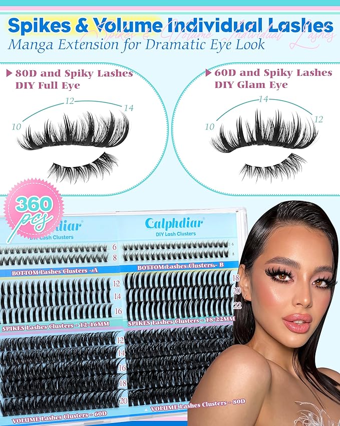 Lash Clusters with Spikes Cluster Eyelash Extensions 60D 80D Lash Spikes 12-22mm Fluffy Eyelash Clusters with Bottom Lashes DIY Lash Extension Wispy Individual Lashes Clusters 360pcs by Calphdiar