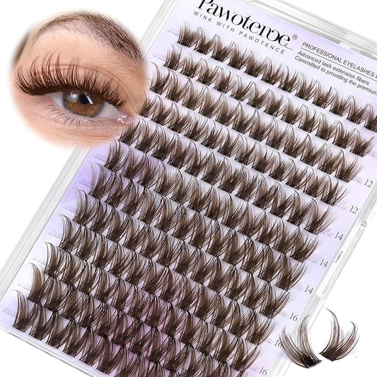 Pawotence Brown Lash Clusters Wispy Cluster Eyelash Extensions 10-18mm Individual Lashes DIY Cluster Lashes Extension Soft Brown Eyelash Clusters with Thin Band