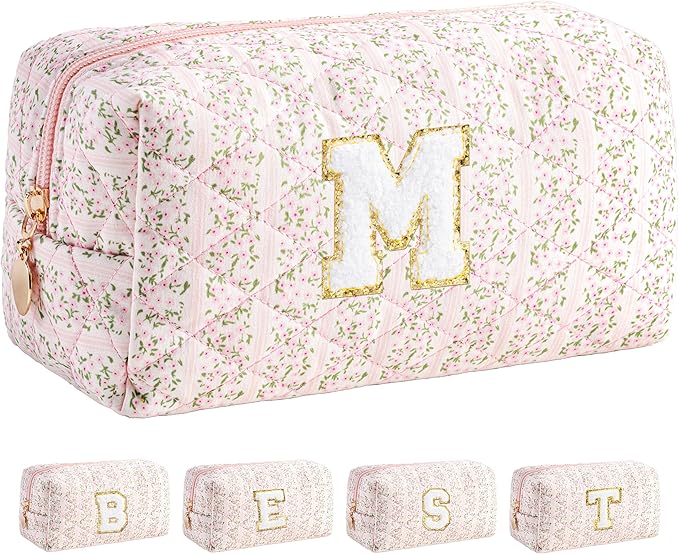 HBselect Initial Makeup Bag for Women, Pink Cosmetic Travel Toiletry Bag, Flowers Zipper Make Up Pouch Organizer Teen Girl Gifts Trendy Stuff M
