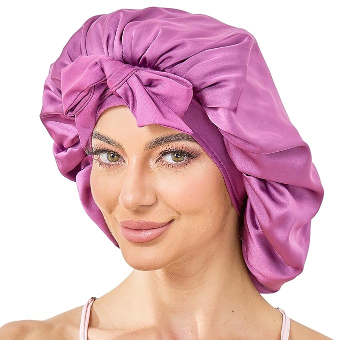 Silk Satin Bonnet for Sleeping Hair: Women Sleep Night Wrap Cap for Straight Wavy Curly Coily Kinky Natural Hair Head by Tie Band - Soft Fuchsia +Pink