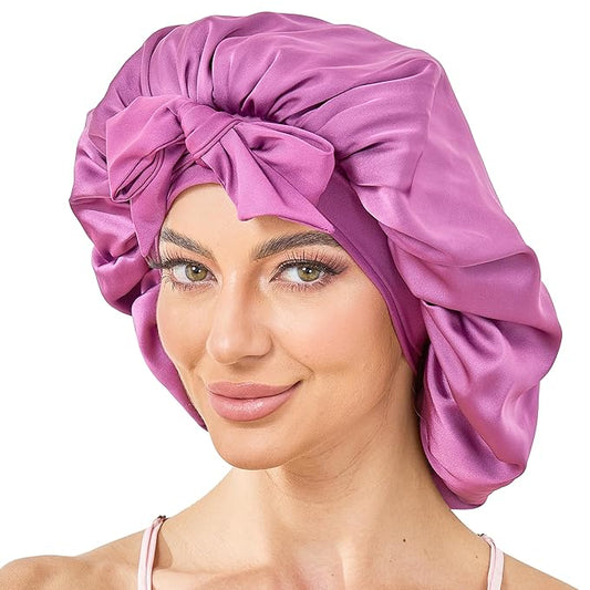 Silk Satin Bonnet for Sleeping Hair: Women Sleep Night Wrap Cap for Straight Wavy Curly Coily Kinky Natural Hair Head by Tie Band - Soft Fuchsia +Pink
