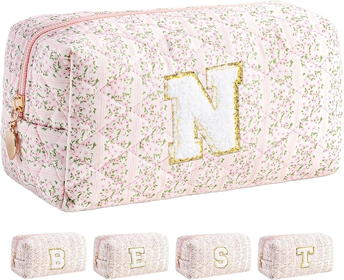 HBselect Initial Makeup Bag for Women, Pink Cosmetic Travel Toiletry Bag, Flowers Zipper Make Up Pouch Organizer Teen Girl Gifts Trendy Stuff N