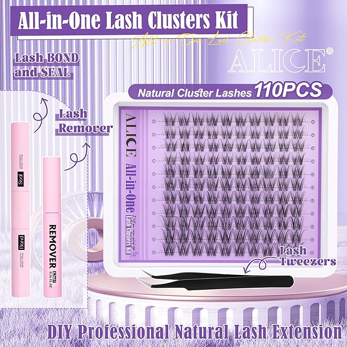 ALICE Natural Lash Extensions Kit Invisible Band Lash Clusters Kit Wispy10-14mm Eyelash Extensions C-Curly Individual Cluster Lashes Kit with Lash Remover DIY at Home