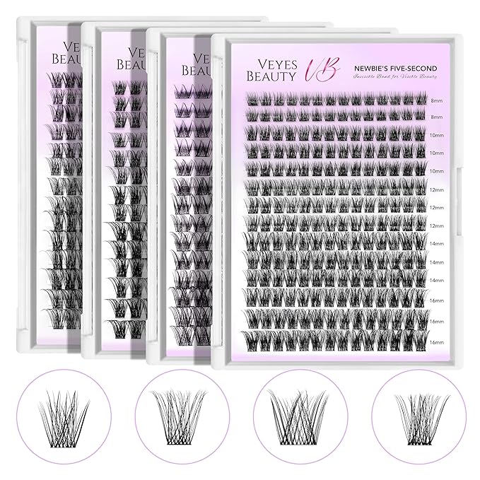 VEYESBEAUTY Lash Clusters Individual Eyelash Extensions Thin & Invisible Band DIY False Eyelashes for Self-application Newbie's Five-Second Series Wispy Lash Tray, Bomb 8-16mm Mixed Length