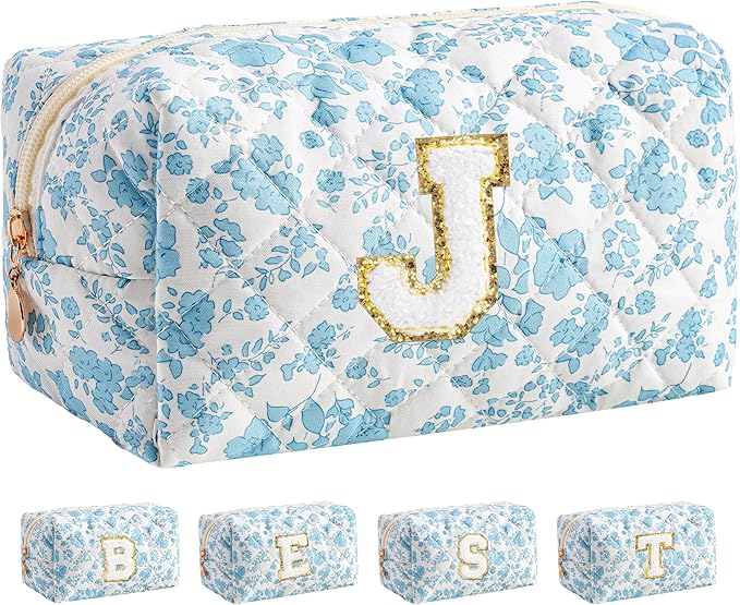 HBselect Initial Makeup Bag for Women, Quilted Cosmetic Travel Toiletry Bag, Flowers Zipper Make Up Pouch Organizer Teen Girl Gifts Trendy Stuff J