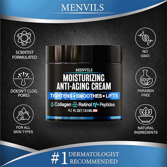 Mens Face Moisturizer Cream - Anti Aging & Wrinkle Cream - Face Moisturizer For Men with Collagen, Retinol, Peptides, Jojoba Oil - Facial Skin Care & Eye Lotion - Day & Night - 4.2 OZ
