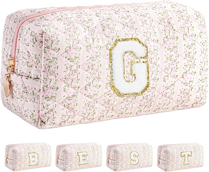 HBselect Initial Makeup Bag for Women, Pink Cosmetic Travel Toiletry Bag, Flowers Zipper Make Up Pouch Organizer Teen Girl Gifts Trendy Stuff G