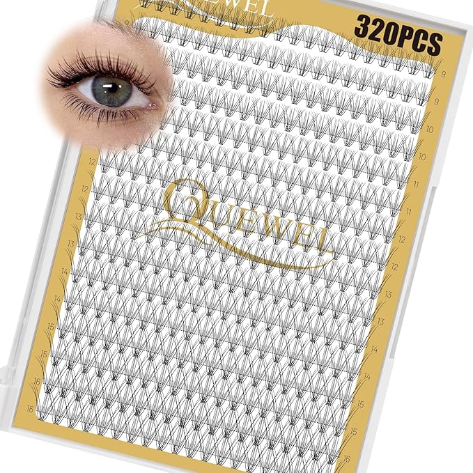 QUEWEL Lash Clusters 320Pcs Cluster Lashes 10D C Curl Lash Cluster Eyelash Extensions Mix9-16mm Individual Eyelashes Clusters Wispy Lash Clusters Thin Band Soft to Use at Home(10D C Mix9-16)