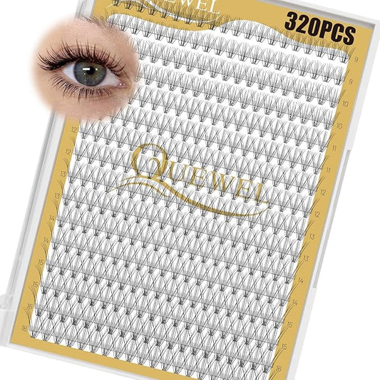 QUEWEL Lash Clusters 320Pcs Cluster Lashes 10D D Curl Lash Cluster Eyelash Extensions Mix9-16mm Individual Eyelashes Clusters Wispy Lash Clusters Thin Band Soft to Use at Home(10D D Mix9-16)