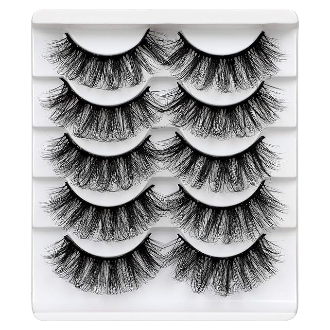 ALICROWN Mink Lashes Faux Wispy Natural Volume Lashes Pack 5D Thick Volume Crossed False Eyelashes Full Handmade 5 Pairs Lashes