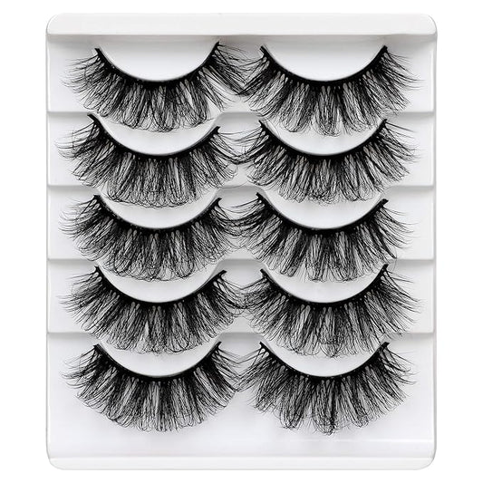 ALICROWN Mink Lashes Faux Wispy Natural Volume Lashes Pack 5D Thick Volume Crossed False Eyelashes Full Handmade 5 Pairs Lashes