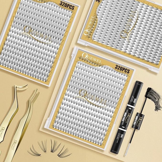 QUEWEL Lash Clusters 320Pcs Cluster Lashes 10D+20D D Curl Lash Cluster Eyelash Extensions Mix12-18mm Individual Eyelashes Clusters Wispy Lash Clusters Thin Band Soft to Use at Home(10D+20D D Mix12-18)