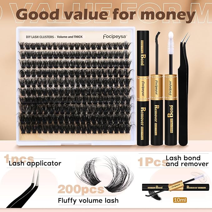 DIY Eyelash Extension Kit Volume Thick Lash Clusters Kit 10-18mm Thick Lash Extensions 90D Individual Eyelashes Extensions Kit with Lash Bond, Lash Remover, Lash Applicator (90D-D Curly-200Pcs)