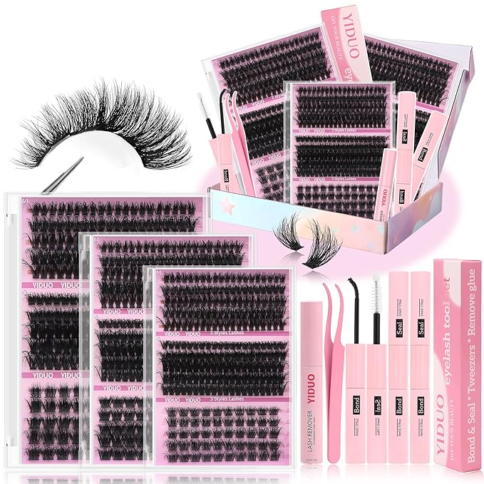 YIDUO Volume Lashes Clusters Lash Kit 770Pcs with 2X Bond&Seal 5 style Mixed C-Curl False Eyelashes Extensions Kit Faux Mink Individual Wispy Lash Clusters Thick Lash Extensions DIY at Home Easily