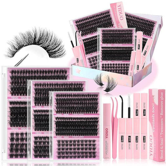 YIDUO Volume Lashes Clusters Lash Kit 770Pcs with 2X Bond&Seal 5 style Mixed C-Curl False Eyelashes Extensions Kit Faux Mink Individual Wispy Lash Clusters Thick Lash Extensions DIY at Home Easily