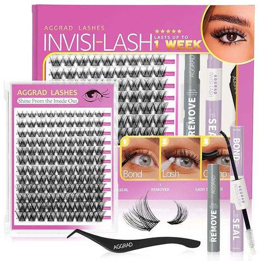 Energy Lash Clusters Kit 8-18mm Fluffy Volume Eyelashes Cluster Extension Kit D Curl Individual DIY False Lash Extension Kit with Lash Bond and Seal, Thin Invisible Black Lash Band