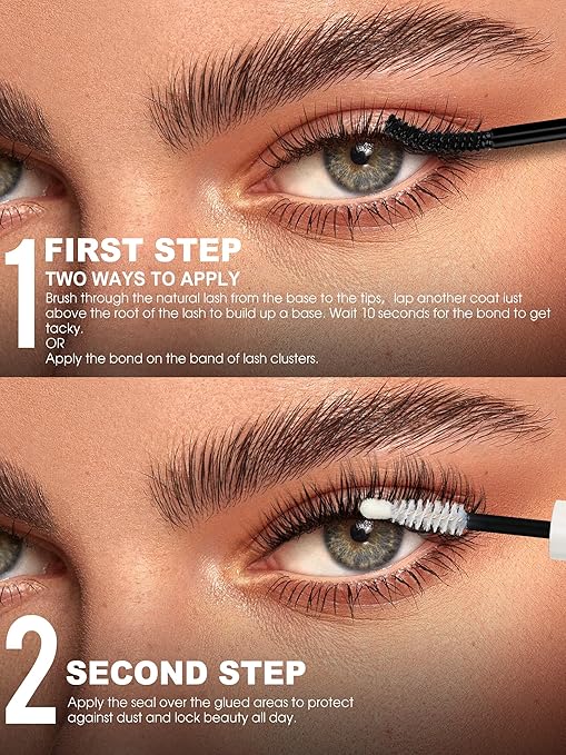 Lash Cluster Bond and Seal Waterproof Glue 150H Super Strong Hold Long-Lasting for Eyelash Clusters Extensions Kit DIY Self Adhesive 2 in 1 Individual Lash Glue Black Bonder & Clear Sealant