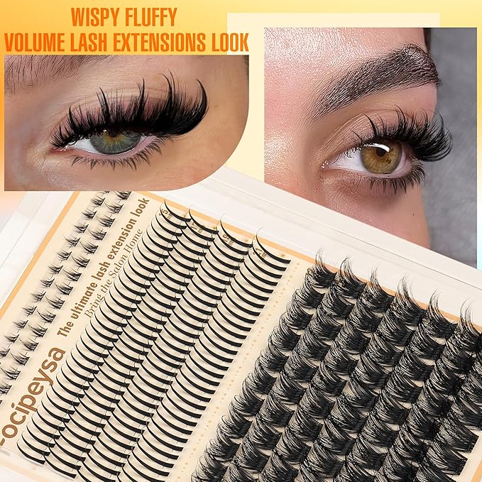 Focipeysa Volume Eyelash Clusters Kit with Spike Lash Cluster Bottom Individual Lash Extensions Wispy Individual Eyelash Extensions Kit with Lash Bond and Seal DIY Lash Clusters at Home
