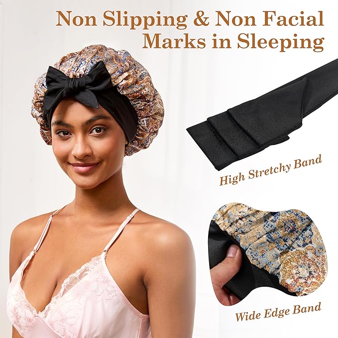 Tie Band Silk Satin Bonnet for Sleeping Hair: Women Sleep Night Wrap Cap for Straight Wavy Curly Coily Kinky Natural Hair Head - Bohemia