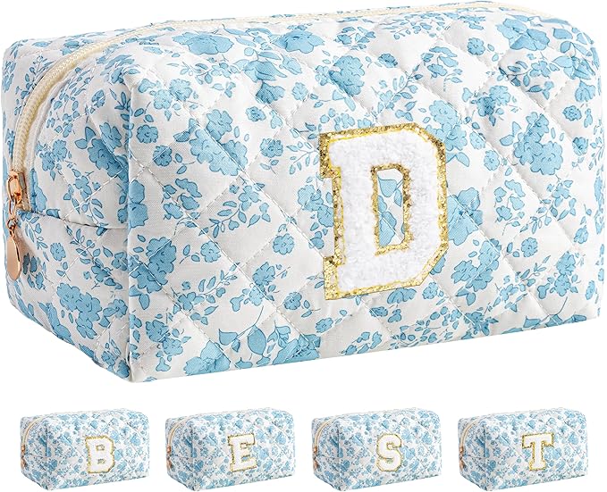 HBselect Initial Makeup Bag for Women, Quilted Cosmetic Travel Toiletry Bag, Flowers Zipper Make Up Pouch Organizer Teen Girl Gifts Trendy Stuff D