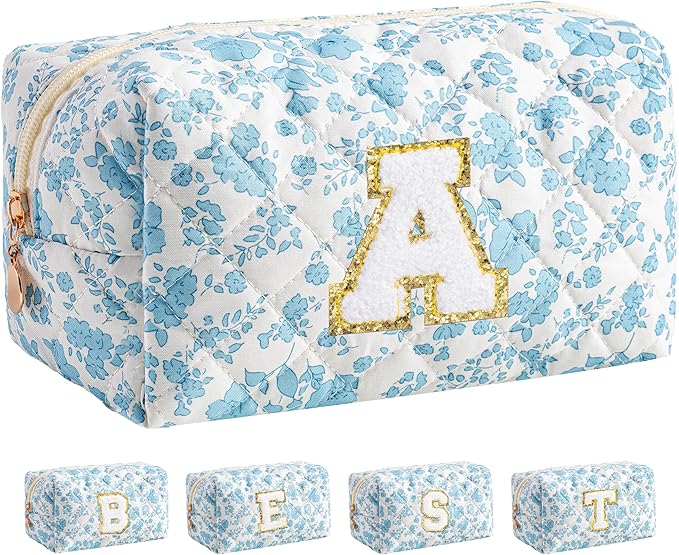 HBselect Initial Makeup Bag for Women, Quilted Cosmetic Travel Toiletry Bag, Flowers Zipper Make Up Pouch Organizer Teen Girl Gifts Trendy Stuff A