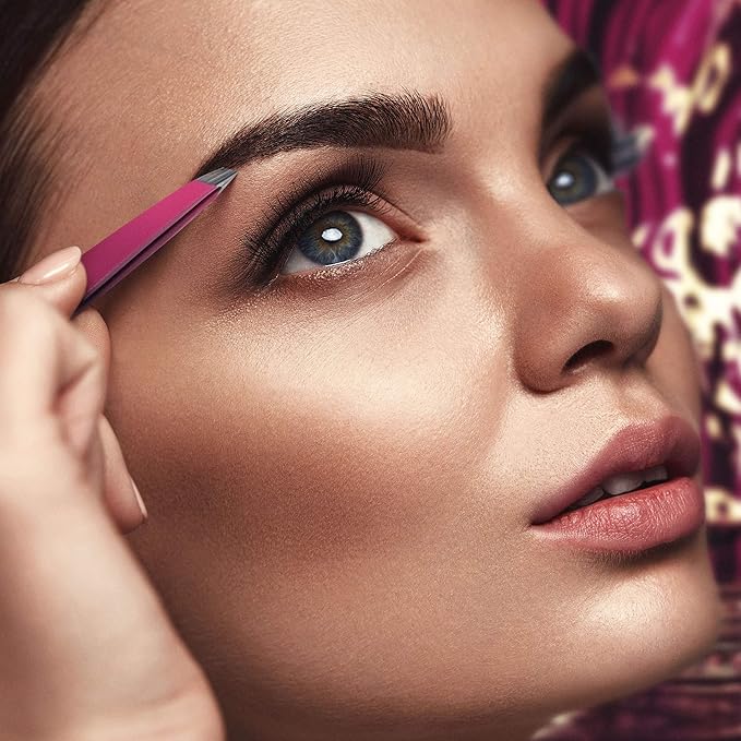 By MILLY Professional Slanted Tweezers for Women and Men | High Carbon Stainless Steel Sharp Tweezer | Tweezers for Women Facial Hair Plucking, Hand-Filed & Aligned Precision Slant Tips - Pink